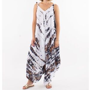 Tie Dye Harem Jumpsuit Wide Leg Drop Crotch Parachute Blue White Cover-Up V-Neck